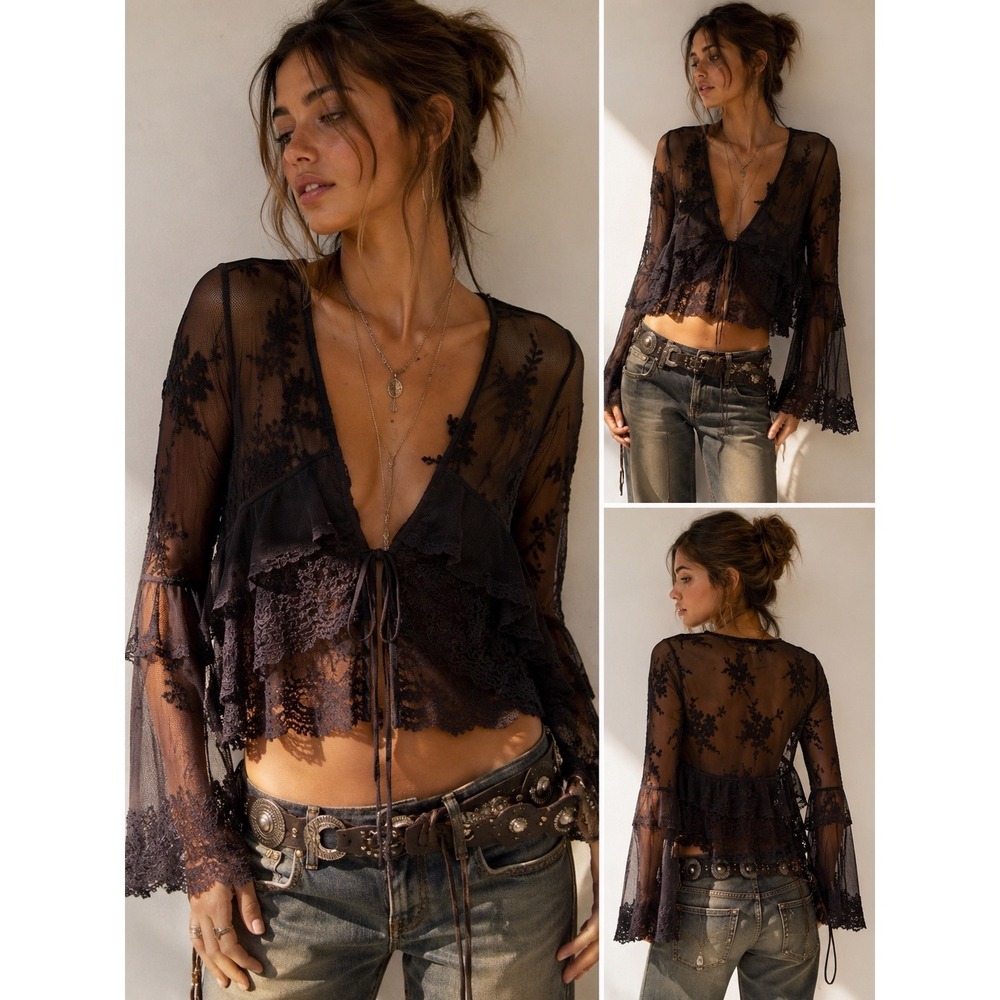 Y2K Fairycore Whimsigoth Boho Sheer Lace Mesh Black Crop Top Bell Sleeve M - Picture 1 of 7